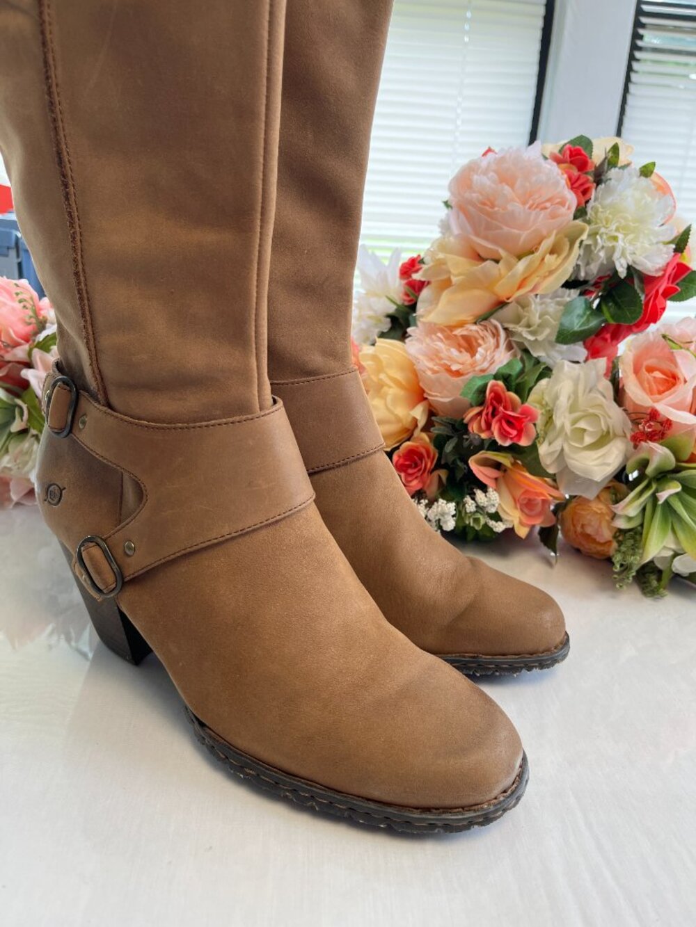 Born Fannar Leather Knee High Boots Brown Harness Buckle Block Heel Size 10/42 - Picture 3 of 16